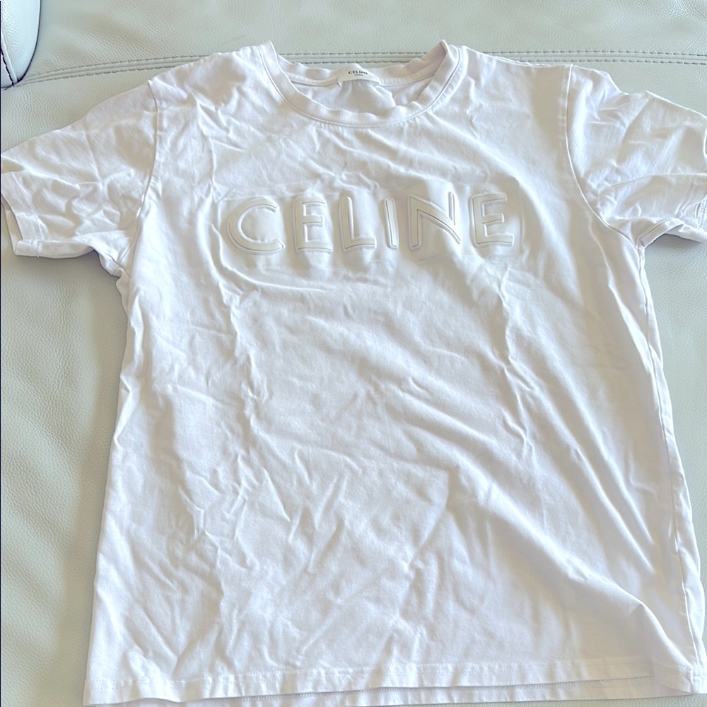 Celine White Short Sleeve Tee Classic 100% Cotton 3D Logo